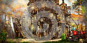 steampunk future metal house garden anachronistic science fiction punk cyber illustration